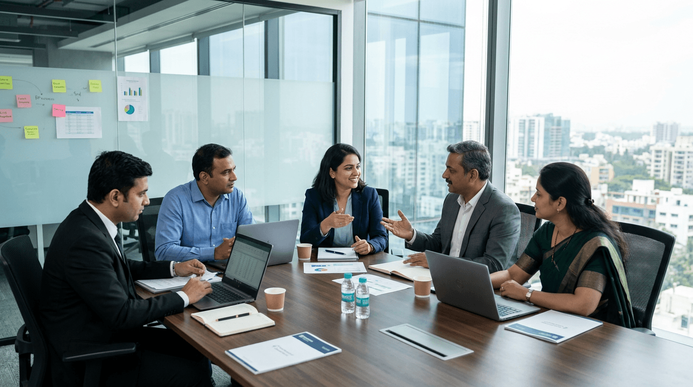 Indian enterprise business leaders collaborating in modern boardroom